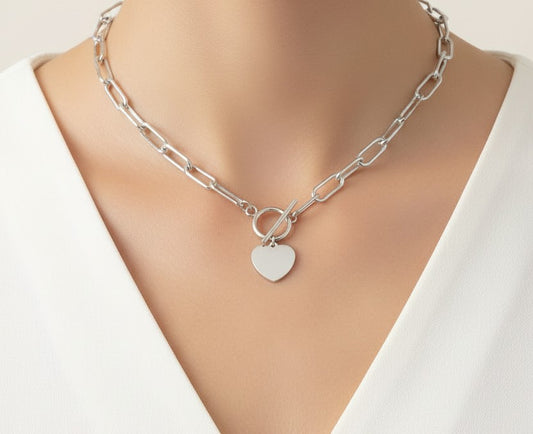 Personalized Chunky Paperclip Chain Necklace • Statement Heart Necklace