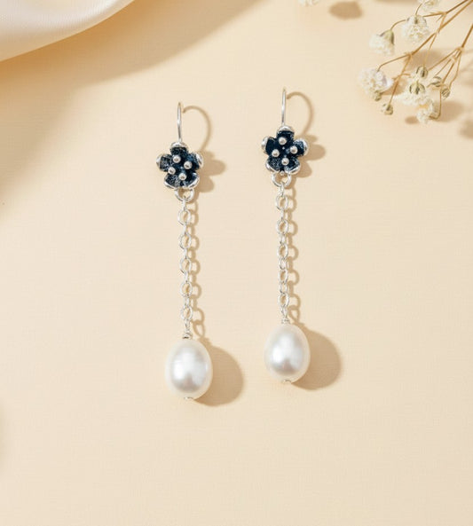 Sterling Silver Vintage Flower Dangle Pearl Earrings