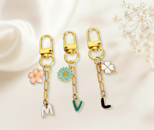 Personalized Bag Charm with Flower & Enamel Initial