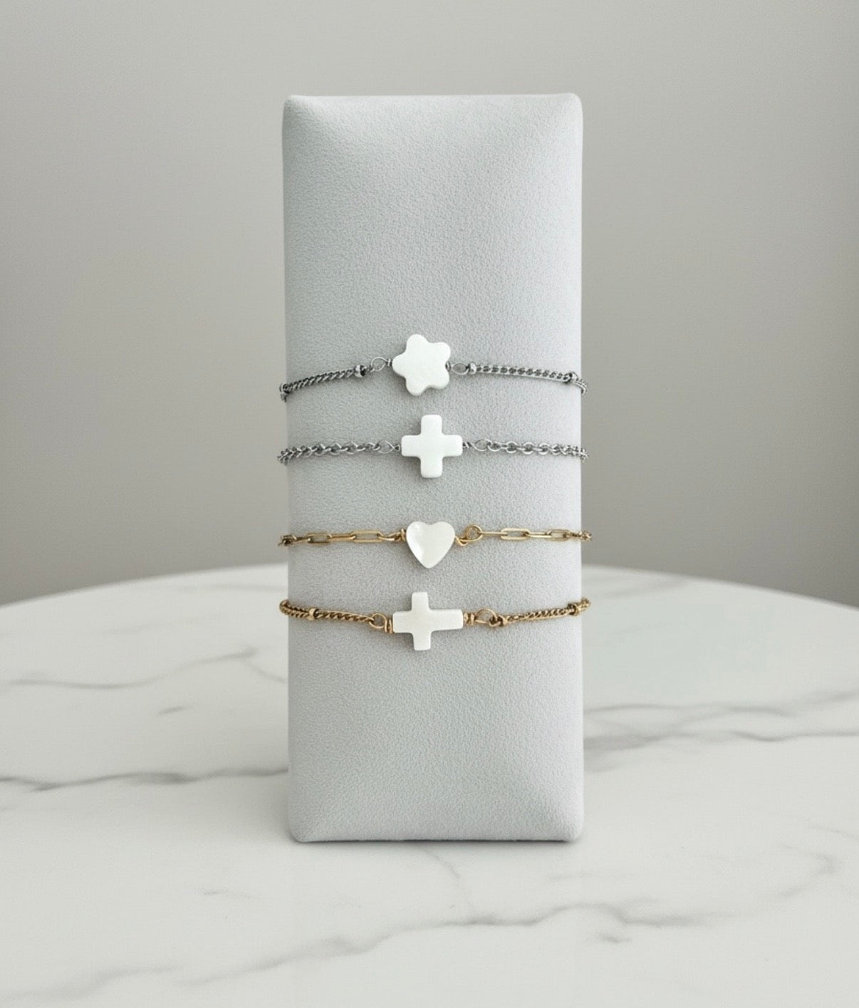 Minimalist Shell Bead Bracelet • Flower • Cross • Heart Bead Bracelet in Stainless Steel or Gold