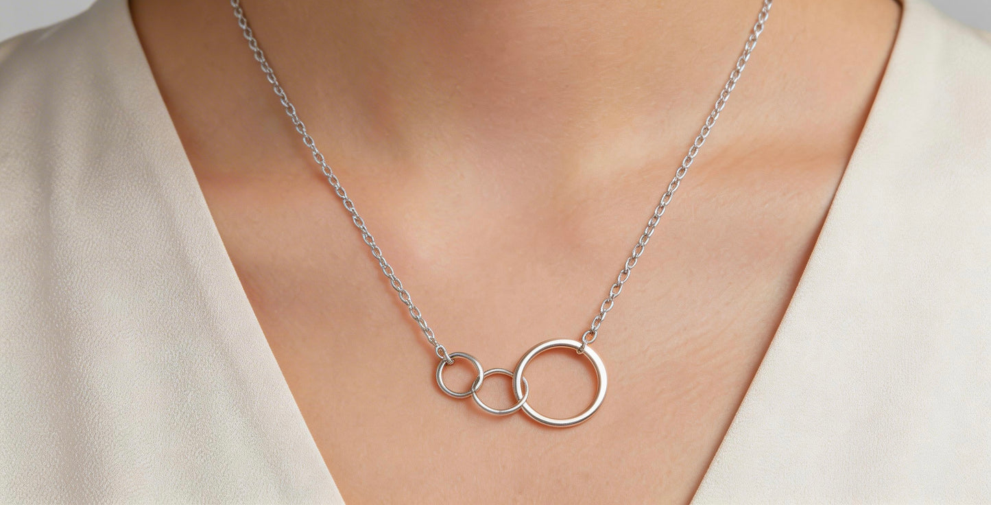 Sterling Silver Interlocking Triple Circle Pendant • Family Unity Necklace for Women
