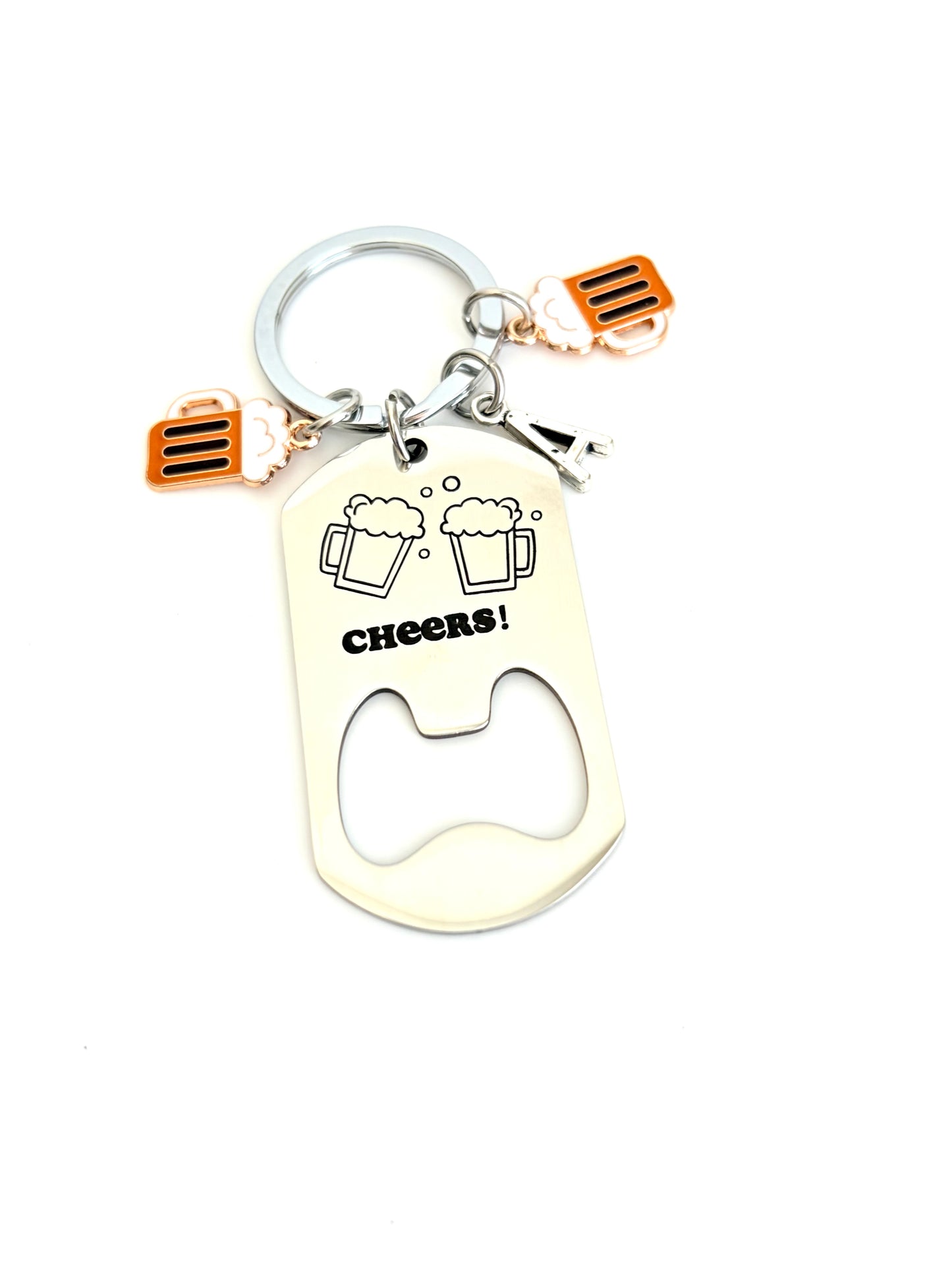 Personalized Stainless Steel Bottle Opener with Initial Charm Keychain • Gift for Him • Groomsmen Gift • Wedding Favor