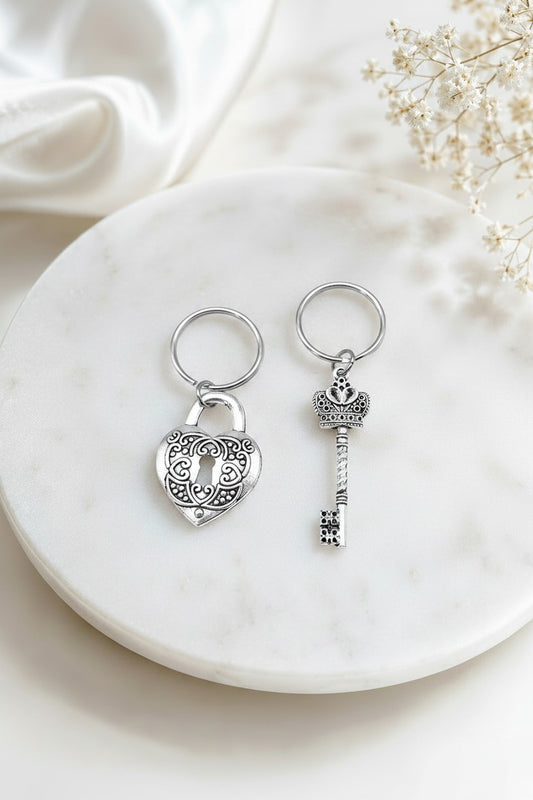 Base Metal Large Heart Lock and Key Charm Keychain Set