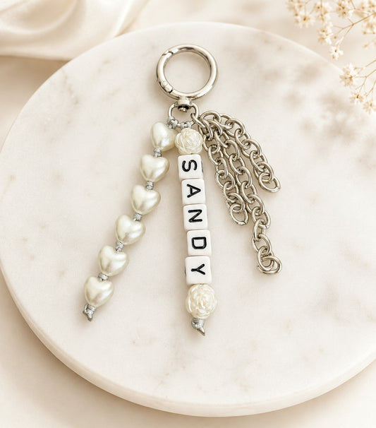 Personalized Bag Charm with Acrylic Heart, Name & Chain Tassels • Silver or Champagne Gold