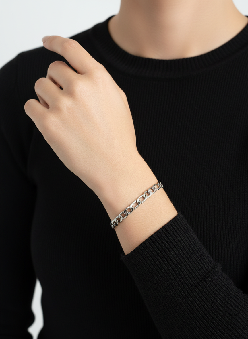 Men’s Stainless Steel Flat Chain Bracelet • Silver Minimalist Link Bracelet for Men • Durable Everyday Jewelry – Masculine Gift for Him