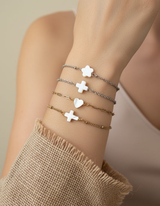 Minimalist Shell Beaded Bracelet • Flower • Cross • Heart Bracelet • Stainless Steel or Gold
