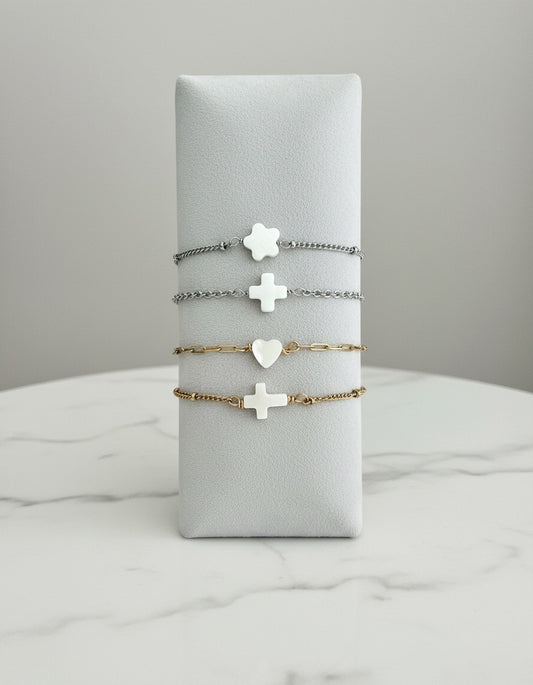 Minimalist Shell Bead Bracelet • Flower • Cross • Heart Bead Bracelet in Stainless Steel or Gold