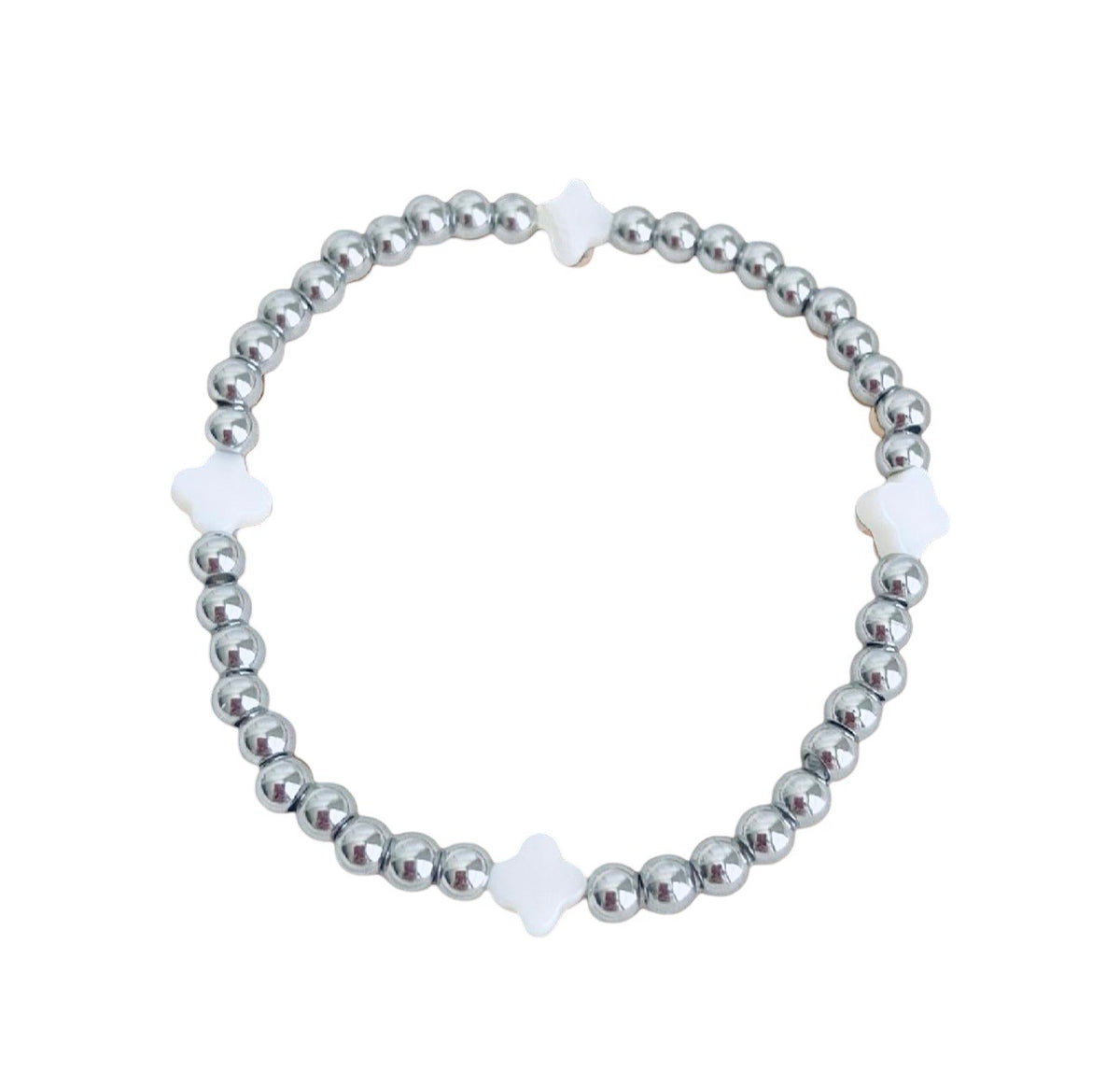 Stretch Beaded Bracelet with Shell Clover Beads • Stainless Steel & Gold over Stainless Steel