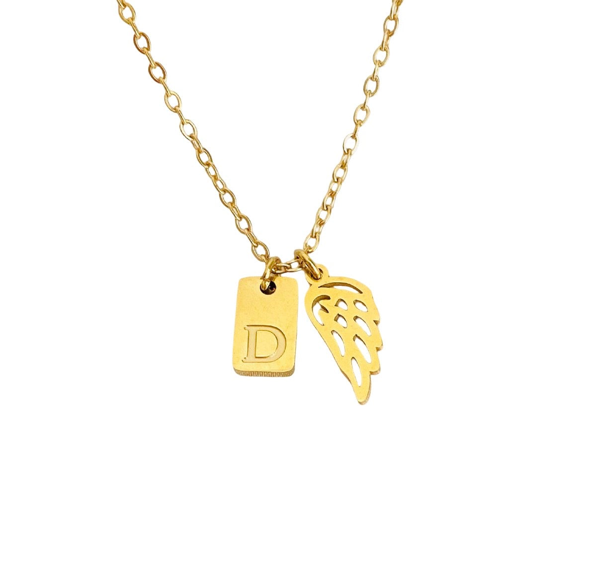 Personalized Angel Wing Necklace • Stainless Steel & Gold over Stainless Steel