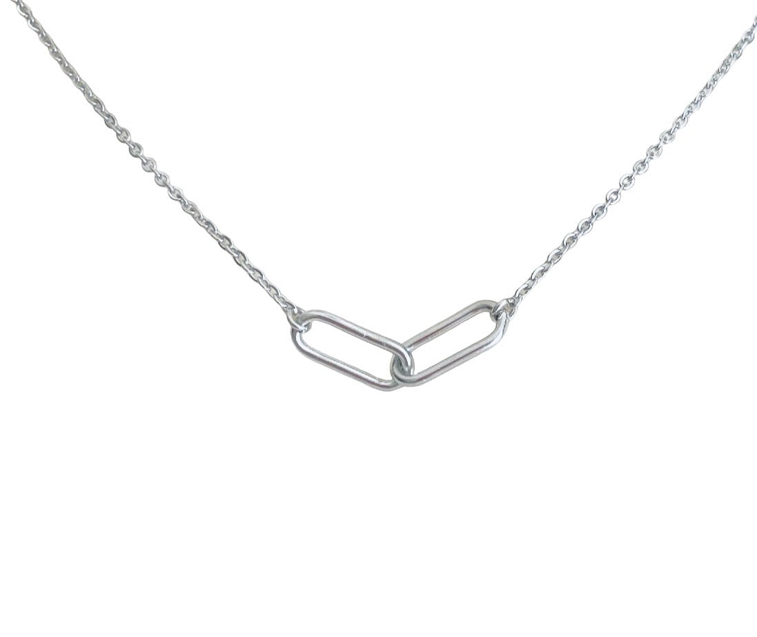 Minimalist Interlocking Paperclip Link Necklace • Stainless Steel & Gold over Stainless Steel