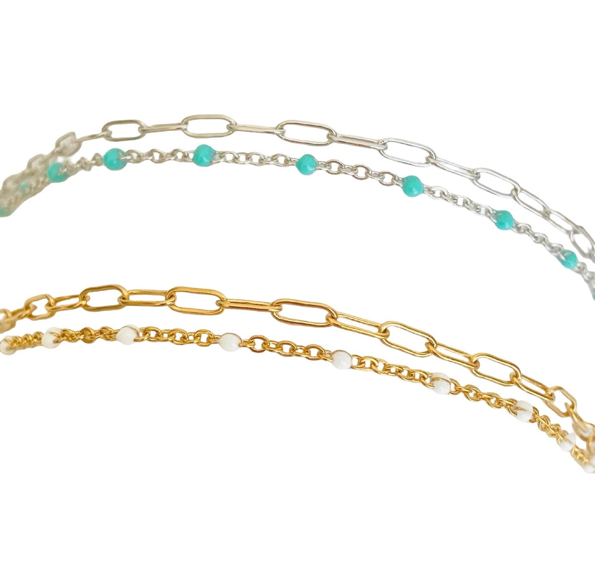 Double Strand Stainless Steel Paperclip & Enamel Chain Bracelet • Layered Mini Paperclip Bracelet for Women