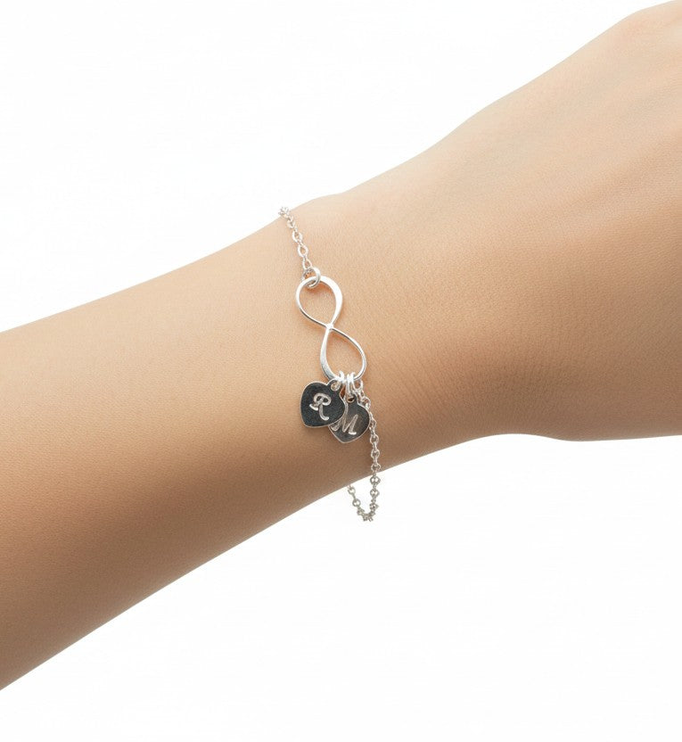 Personalized Sterling Silver Infinity Bracelet with Heart Charms