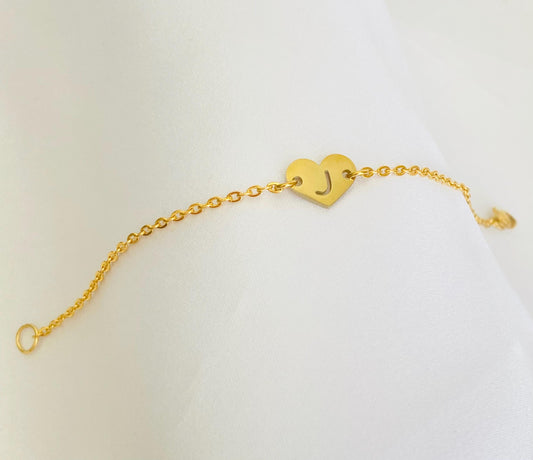 Gold Heart Initial Charm Bracelet • Personalized Letter Bracelet with Flat Cable Chain or White Enamel Beaded Chain