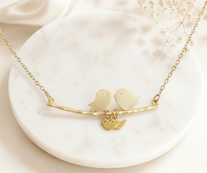 Personalized Mother Necklace • Love Birds with Baby Birds