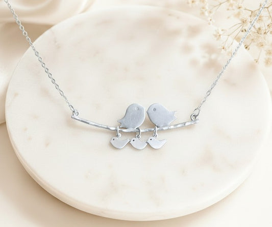 Personalized Mother Necklace • Love Birds with Baby Birds