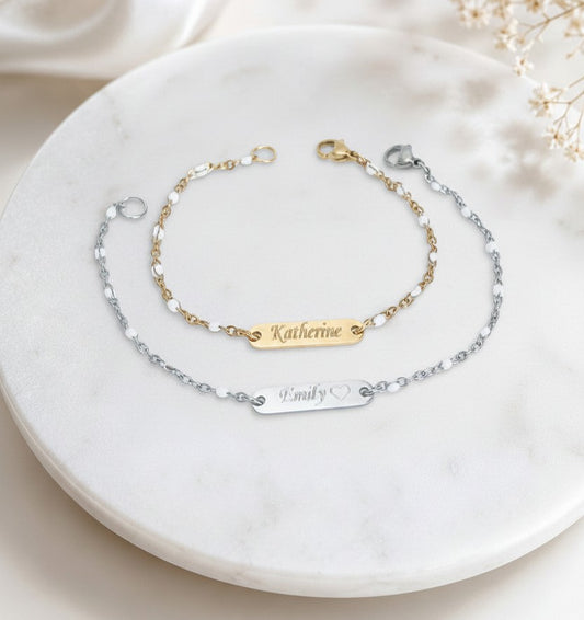 Personalized Mini Bar Bracelet with White Enamel Beaded Chain • Stainless Steel & Gold over Stainless Steel