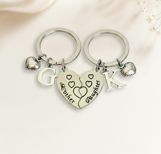Personalized Mom & Daughter Heart Keychain Set