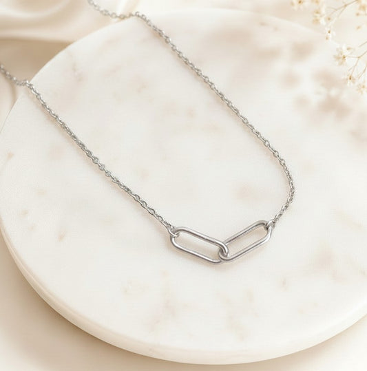 Minimalist Interlocking Paperclip Link Necklace • Stainless Steel & Gold over Stainless Steel