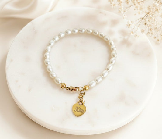 Personalized White Freshwater Pearl Bracelet with Heart Charm • Stainless Steel or Gold