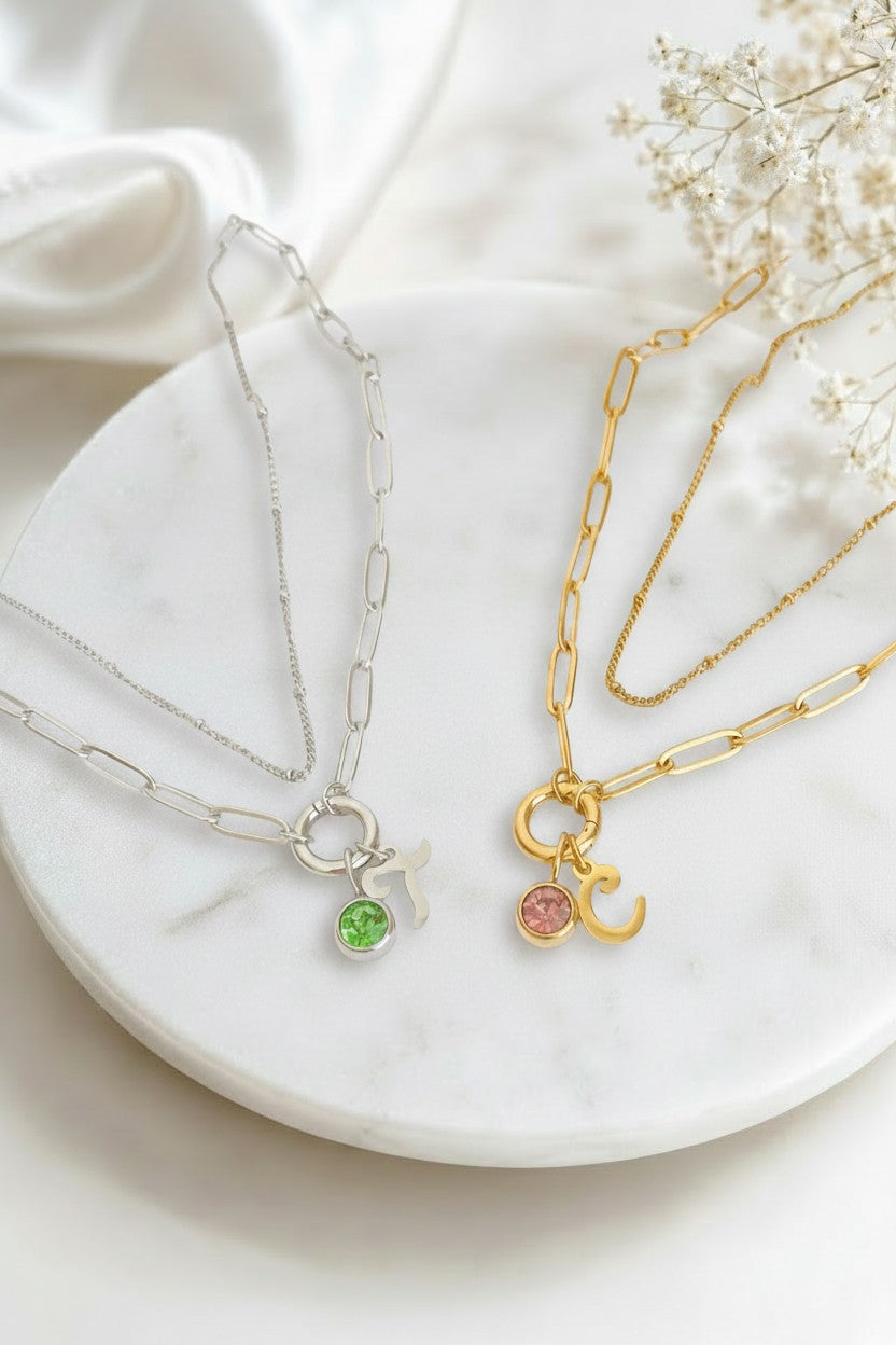 Personalized Mini Paperclip with Script Initial & Birthstone & Satellite Chain Necklace Set