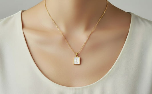 Personalized Gold over Stainless Steel Rectangular Shell Initial Necklace