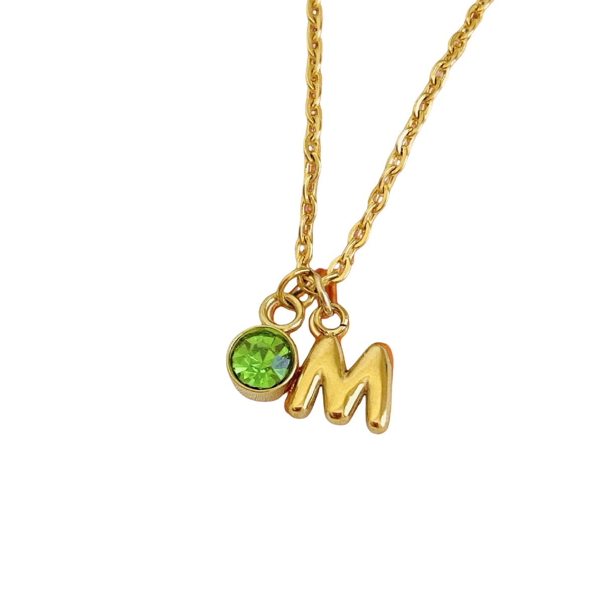 Personalized Birthstone & Small Bubble Initial Necklace • Stainless Steel & Gold over Stainless Steel