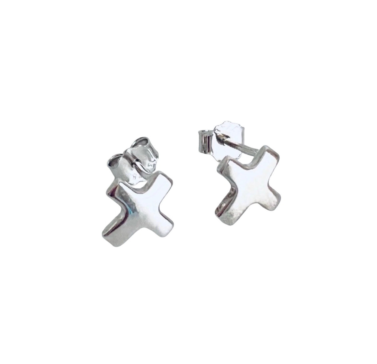 A pair of silver cross stud earrings shown from the back on a plain white background.
