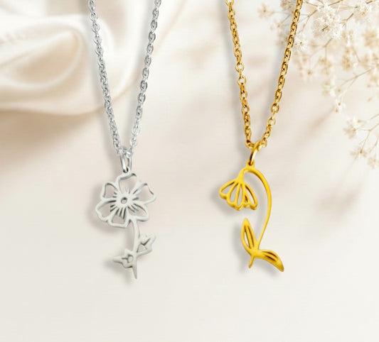 Personalized Birth Flower Pendant Necklace • Stainless Steel & Gold over Stainless Steel