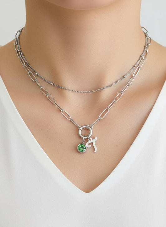 Personalized Mini Paperclip & Satellite Chain Necklace Set with Script Initial & Birthstone • Stainless Steel or Gold