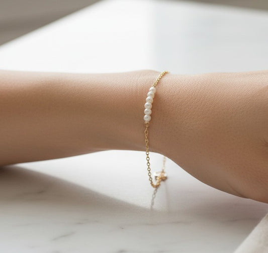 Tiny White Freshwater Pearl Bar Bracelet • Sterling Silver & Gold Filled or Rose Gold