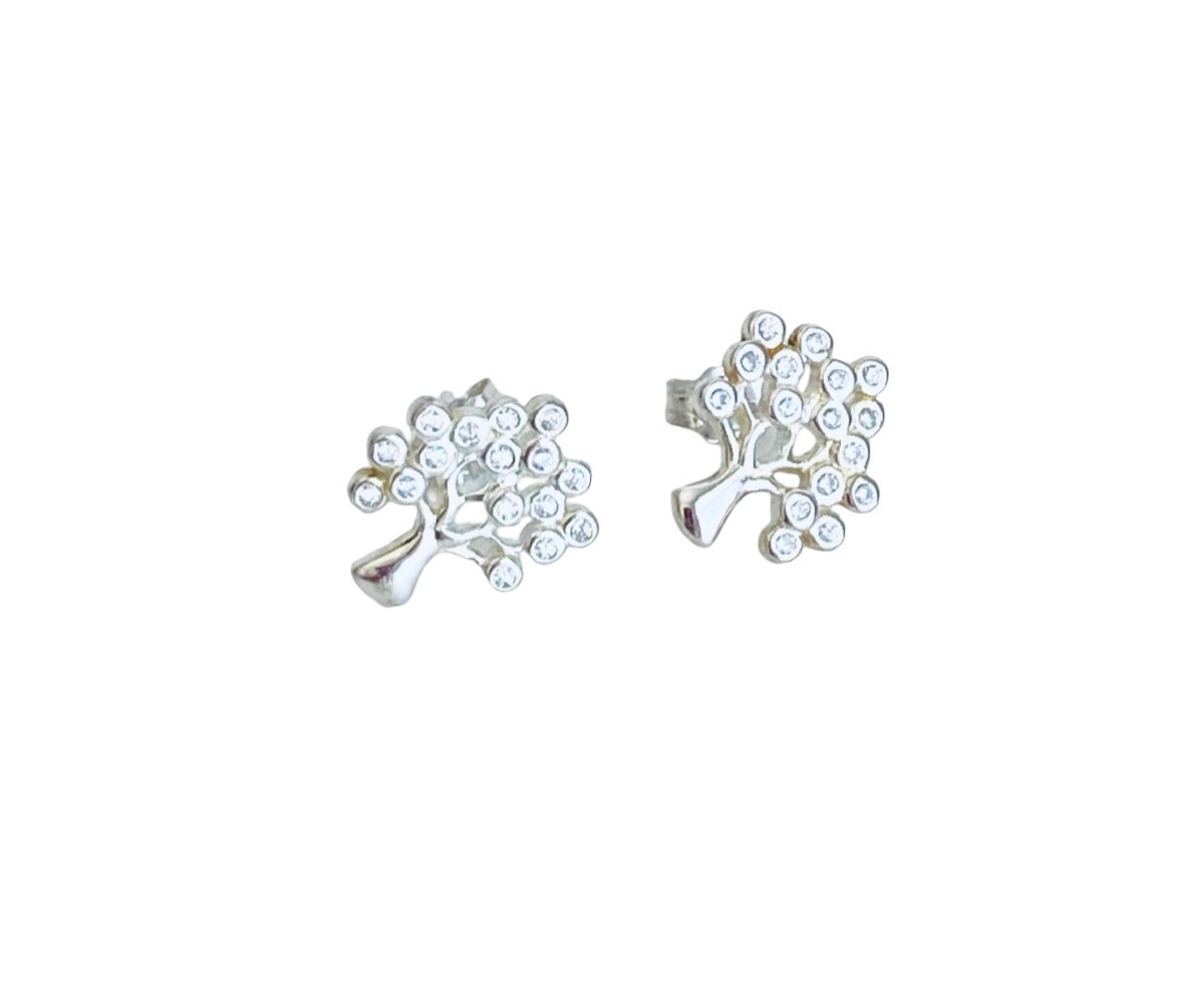 Sterling Silver Tree Stud Earrings with Tiny CZ accent