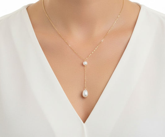 Dangle Y Pearl Pendant Necklace • Sterling Silver & Gold Filled