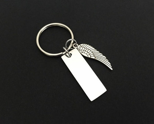 Personalized Angel Wing Keychain • Custom Engraved Key Chain with Angel Wing Charm