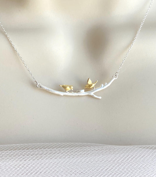 Sterling Silver Necklace with Gold Love Birds on Branch – Two-Tone Romantic Bird Pendant