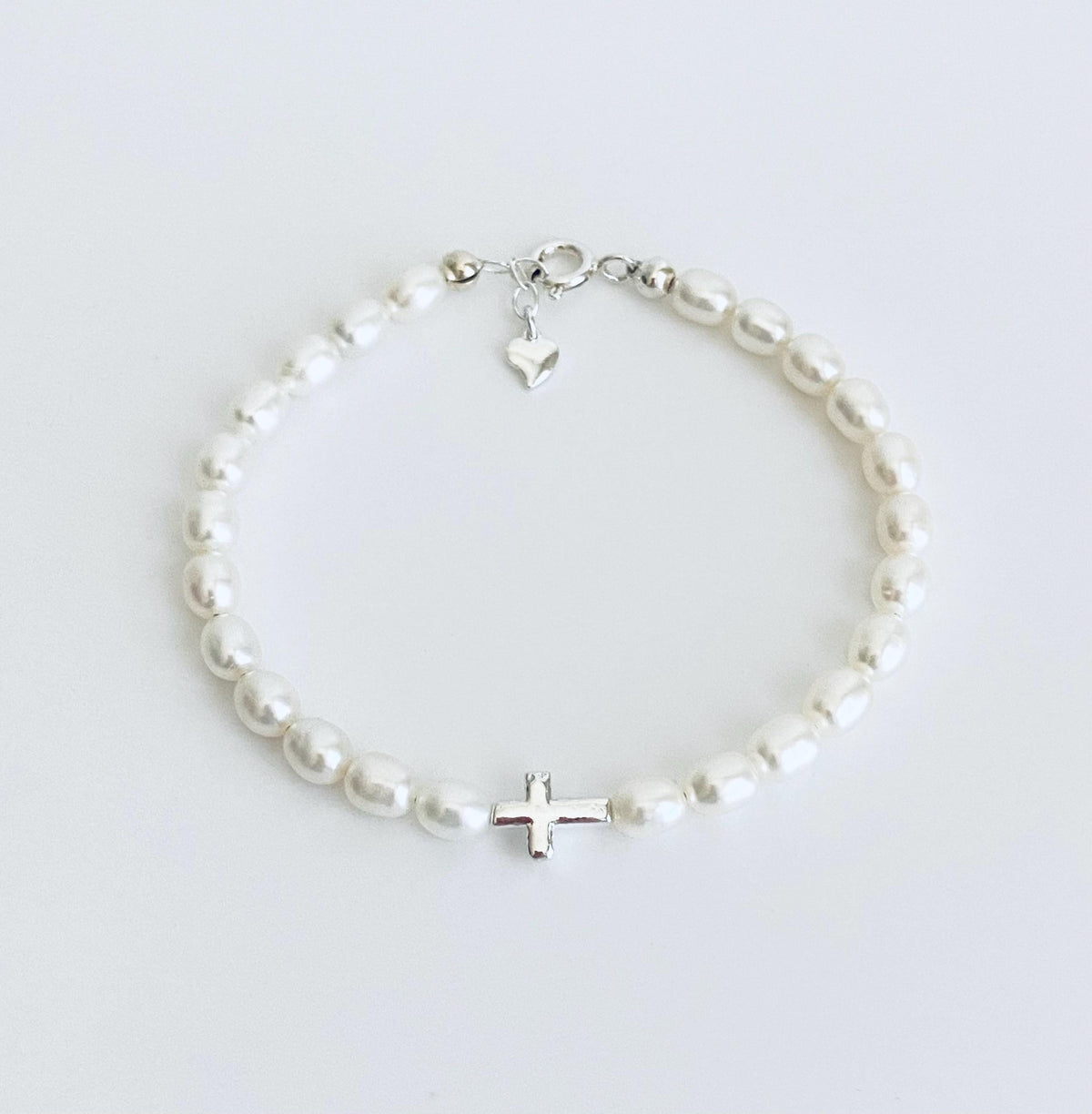 Sterling Silver Cross Bracelet with White Freshwater Pearls