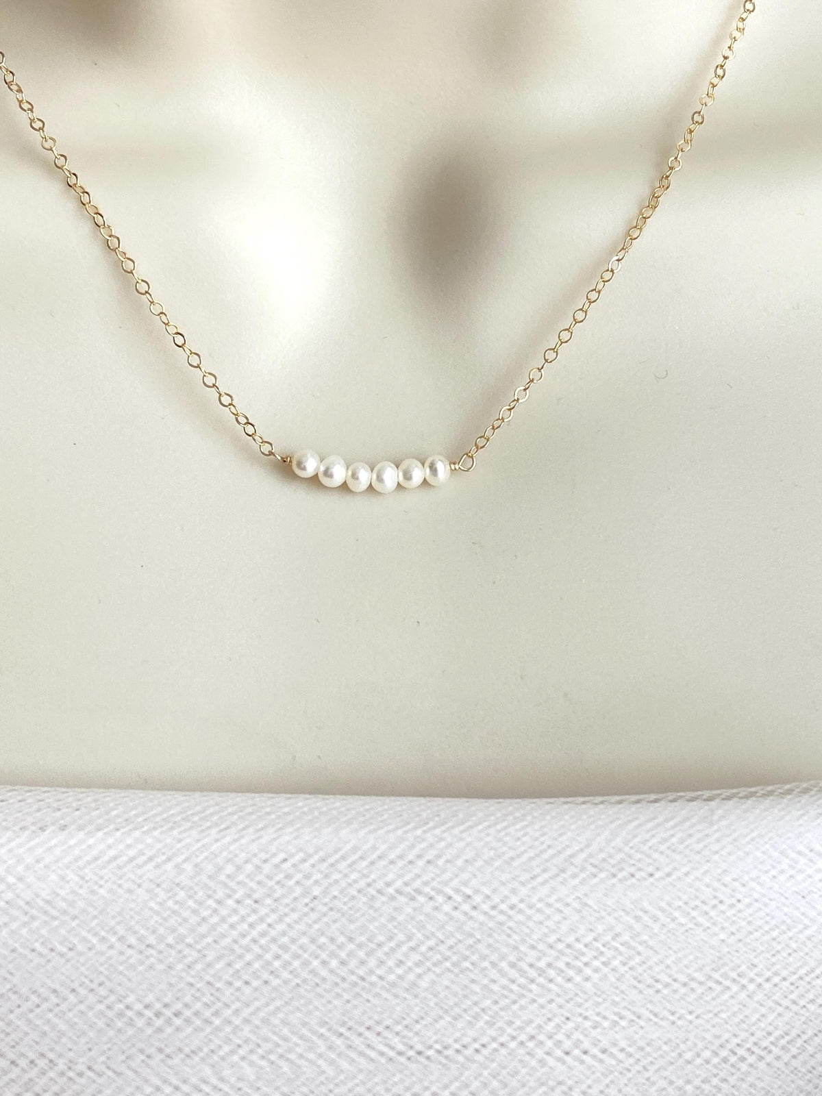 TINY White Freshwater Pearl Bar Necklace • Sterling Silver & Gold Filled