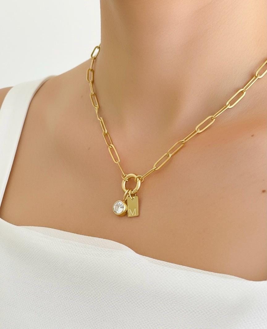 Personalized Paperclip Chain Necklace with Birthstone & Initial • Stainless Steel • Gold over Stainless Steel
