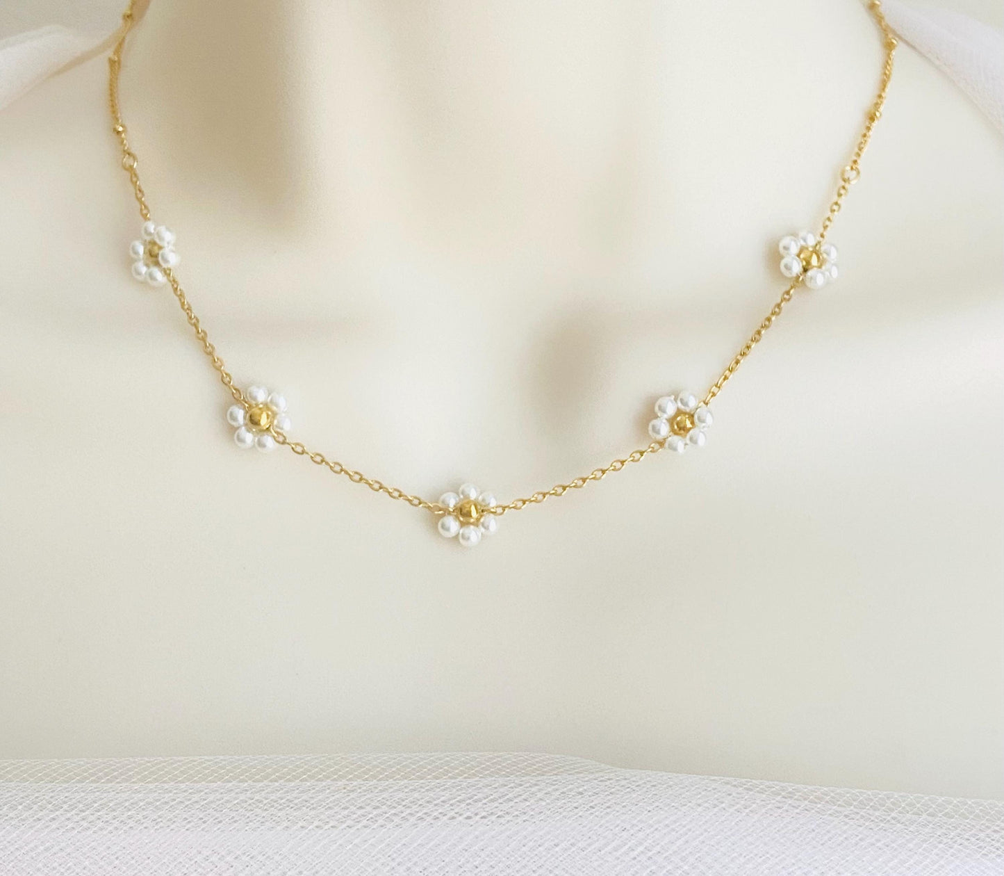 18K Gold Over Stainless Steel Glass Daisy Flower Necklace • Floral Pendant Necklace