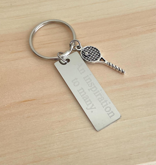 Personalized Stainless Steel Tag with Tennis Racket Charm Key Chain • Custom Engraved Sports Gift