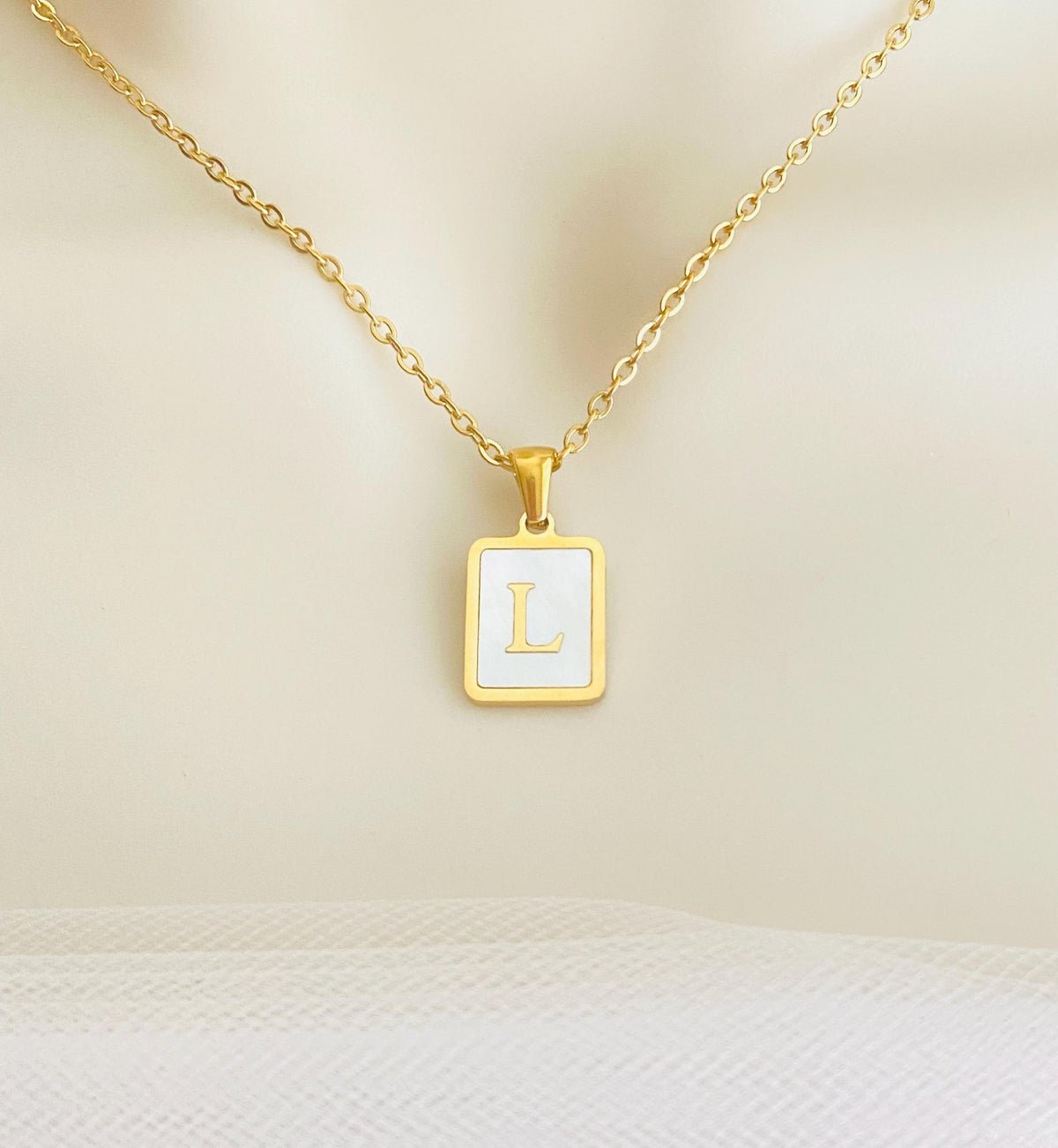 Personalized Gold over Stainless Steel Rectangular Shell Initial Necklace