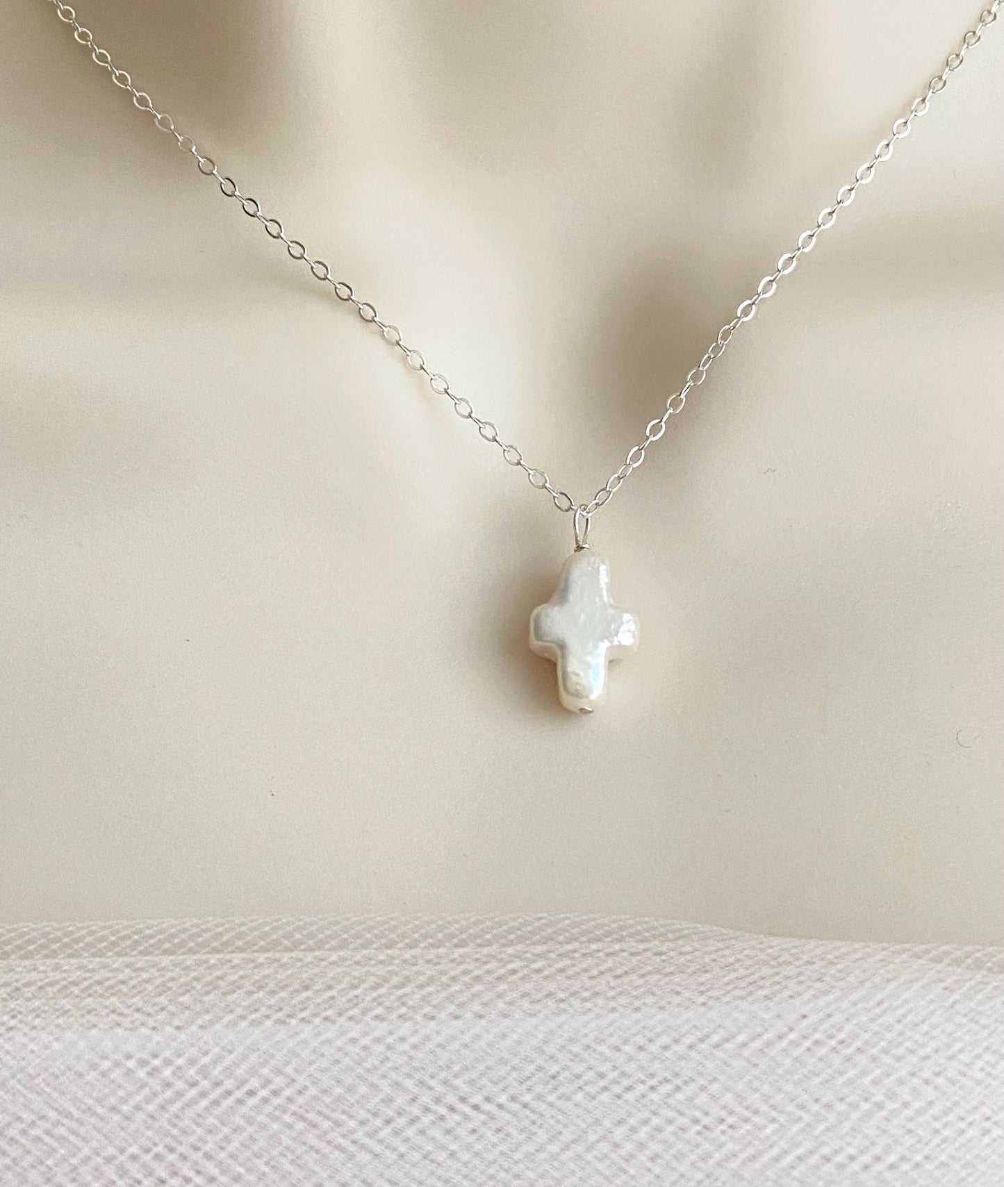 White Freshwater Pearl Cross Pendant Necklace in Sterling Silver or Gold Filled • Christian Faith Jewelry Gift