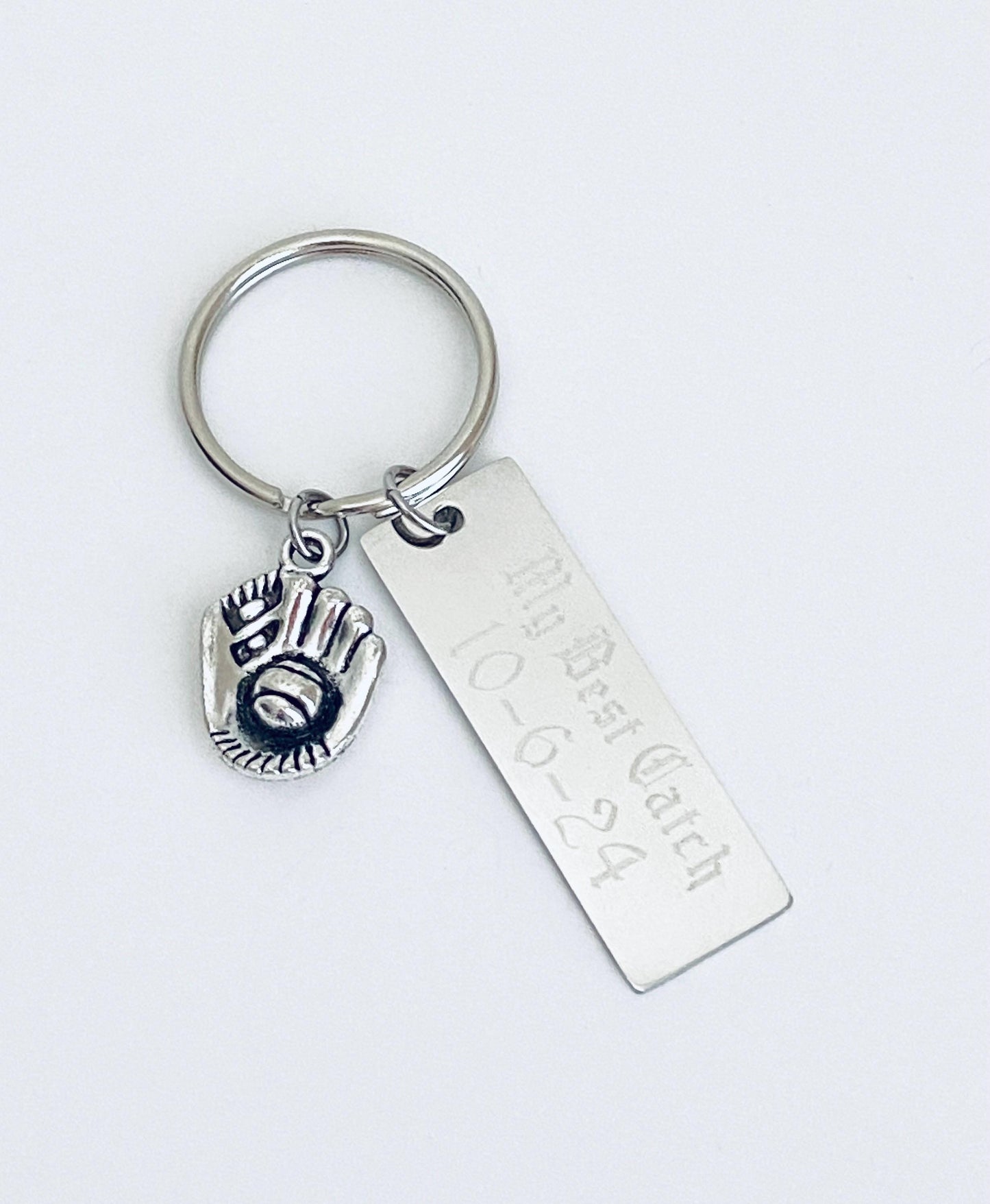 Personalized Key Chain with Baseball Mitten Charm • Custom Engraved Stainless Steel Keychain