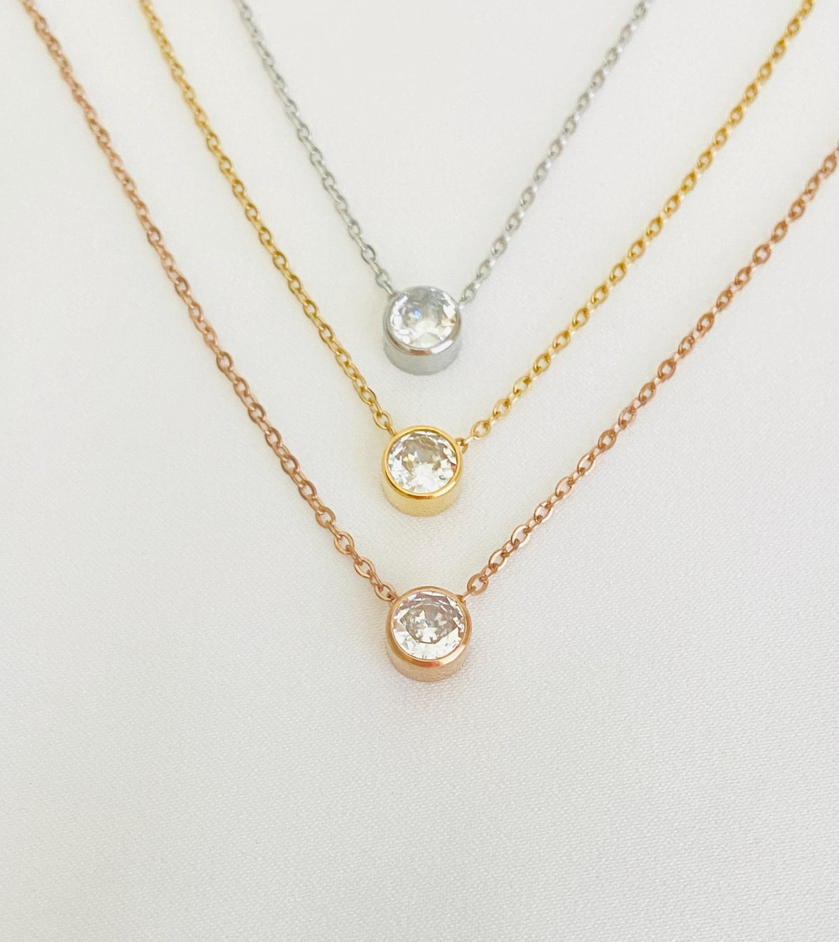 Solitaire Necklace • Stainless Steel, Gold over Stainless Steel & Rose Gold over Stainless Steel