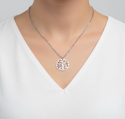 Stainless Steel Birthstone Family Tree Pendant Necklace • Personalized Family Jewelry