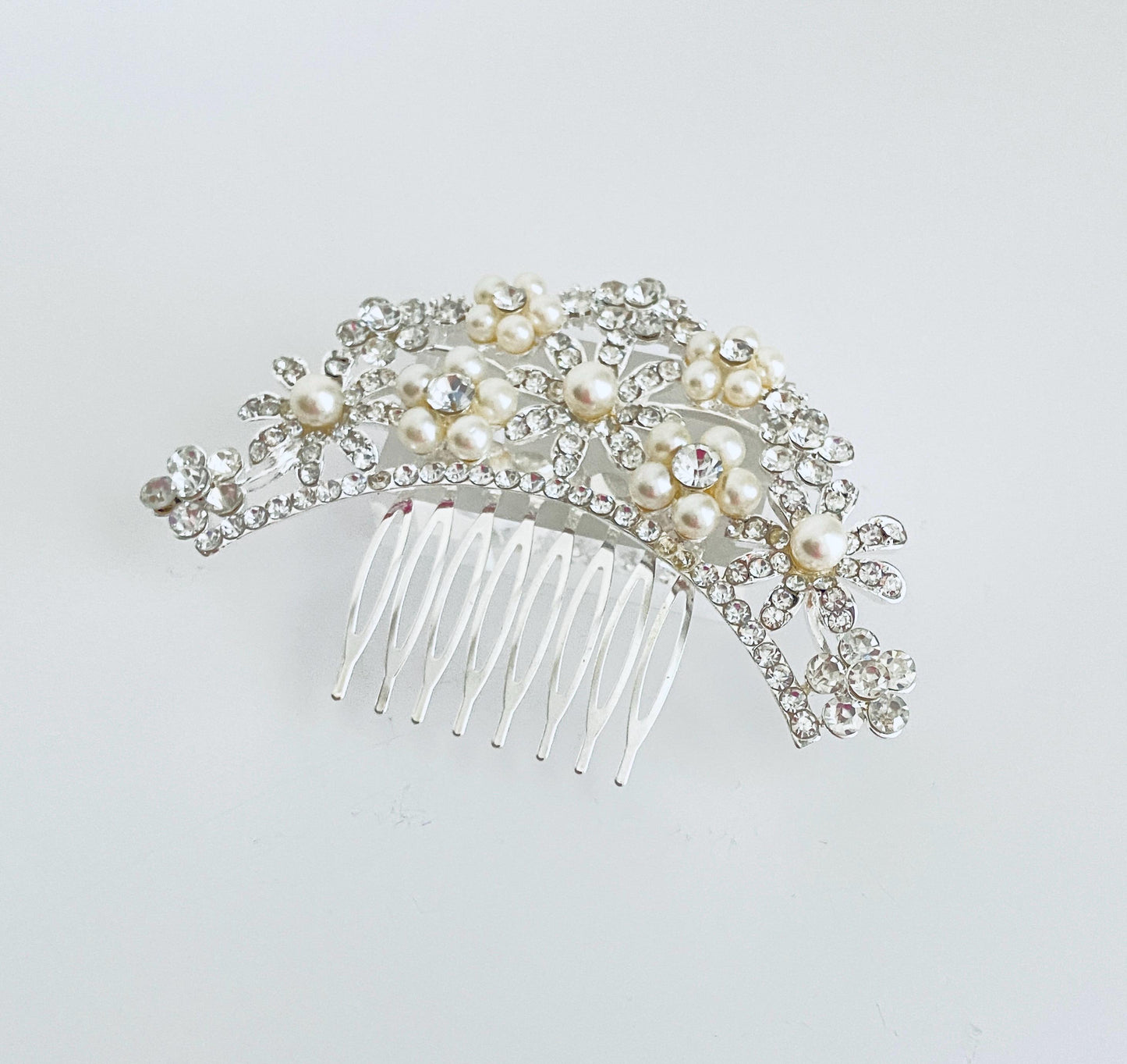Rhinestone and White Glass Pearl Hair Comb • Elegant Wedding Hair Comb for Bridal Veil