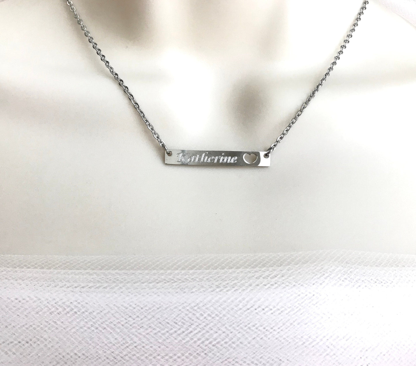 Stainless Steel Skinny Long Bar Necklace with Heart Cutout • Minimalist Name Bar Pendant
