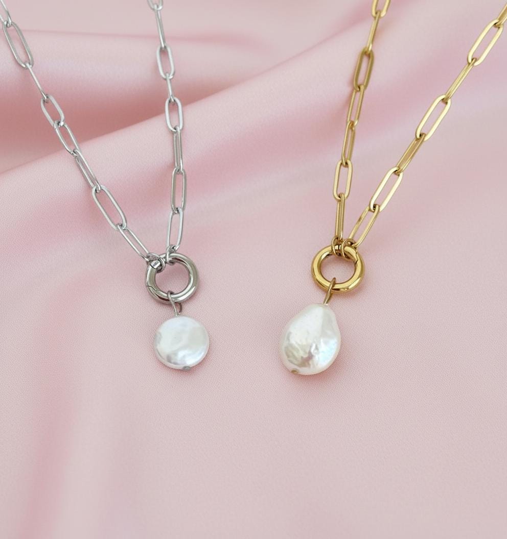 Large Paperclip Chain Necklace with Freshwater Teardrop Pearl • Stainless Steel & Gold over Stainless Steel