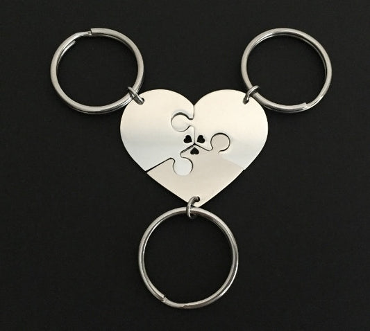 Personalized 3-Piece Heart Puzzle Keychain Set • Custom Engraved Matching Key Chains for Family & Friends