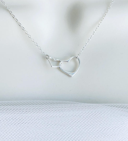 Sterling Silver Interlocking Heart Pendant Necklace • 925 Silver Minimalist Love Necklace