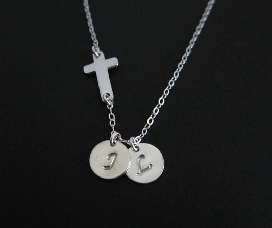 Personalized Cross Necklace with Hand Stamped Initial Charm • Custom Faith Necklace
